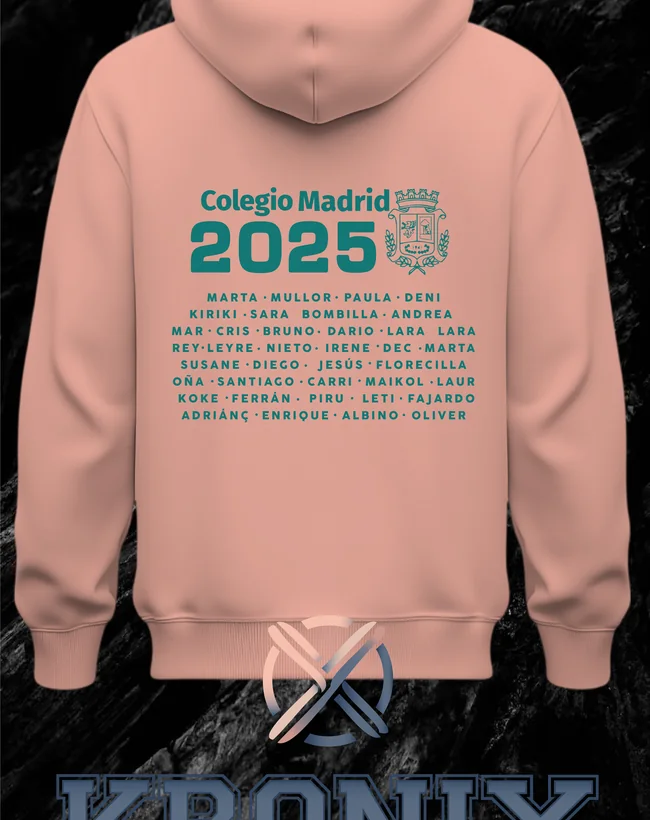 Propuesta visual de sudadera de graduación con año y nombres de la promoción